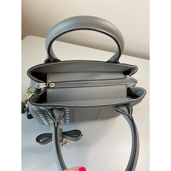 Fashion Bag Gray PU Leather Tote Detachable Crossbody Bow Purse Charm 11x8x5" - Picture 10 of 14